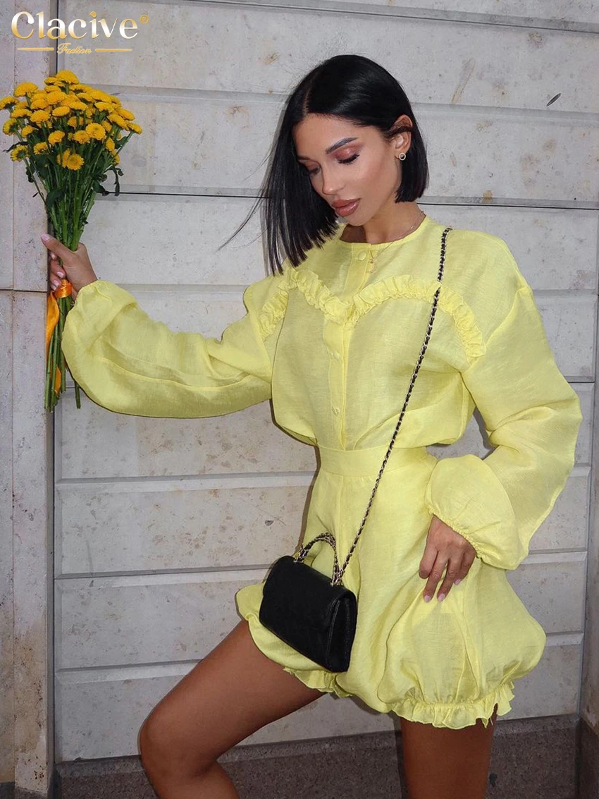 Clacive Fashion Loose Yellow Shorts Sets For Women 2 Pieces 2024 Elegant Long Sleeve Shirt With High Waist Shorts Set Female