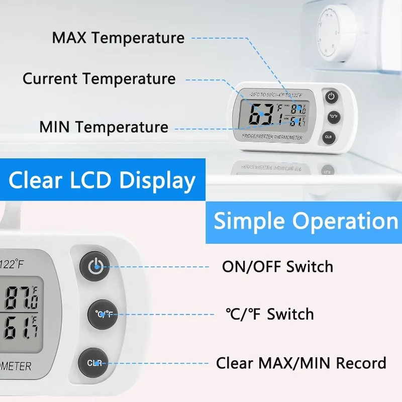 Digital Refrigerator Thermometer Large LCD Waterproof Freezer Room Thermometer Magnetic Back& Hook for Kitchen Home Restaurant