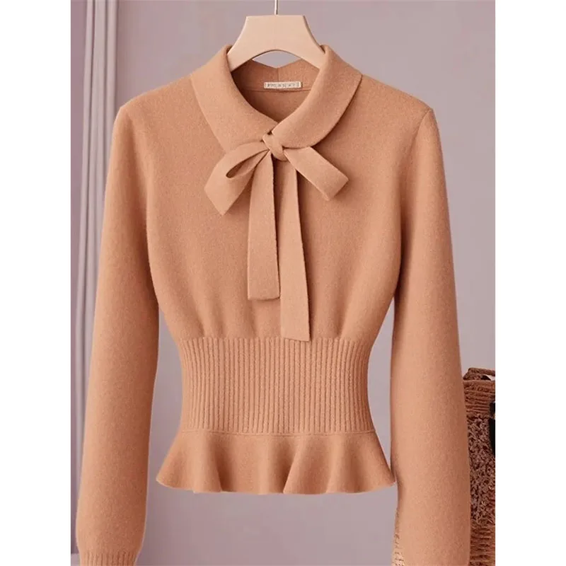 2025 frauen Strickwaren Top Mode Taille Cinching Bogen Gestrickte Pullover Frühling Herbst Koreanischen Stil Dünne Kurze Pullover Primer Hemd