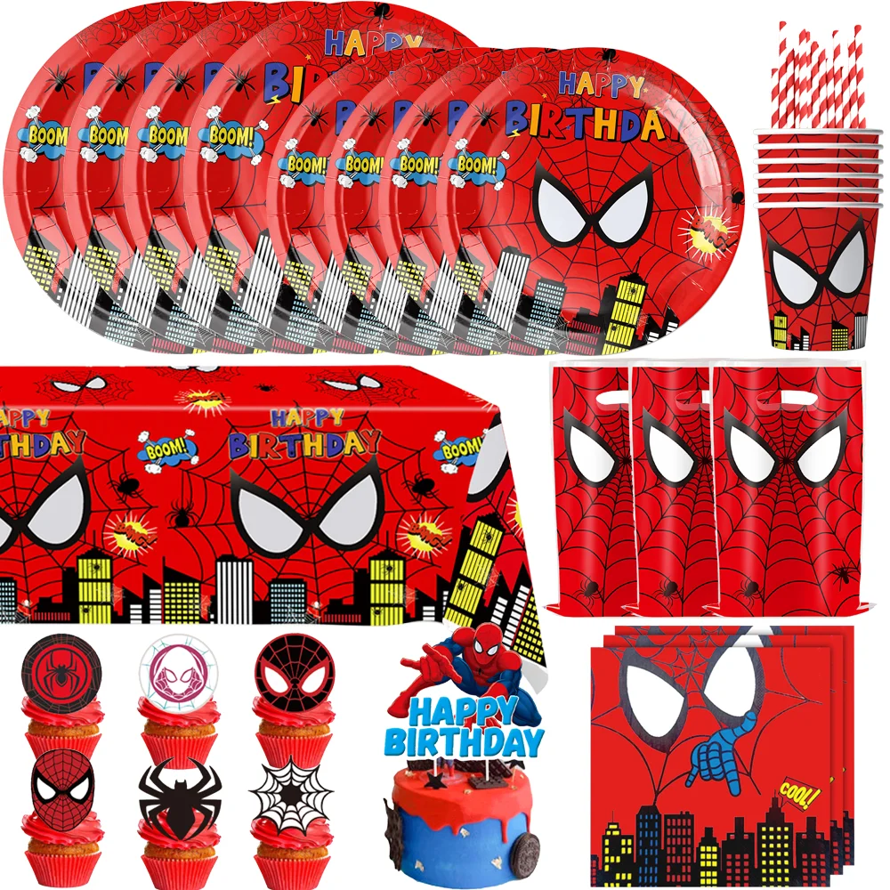 Cartoon SpiderMan Birthday Party Decoration Disposable Tableware Tablecloth Cup Plate Bottle Sticker Superhero Party Supplies