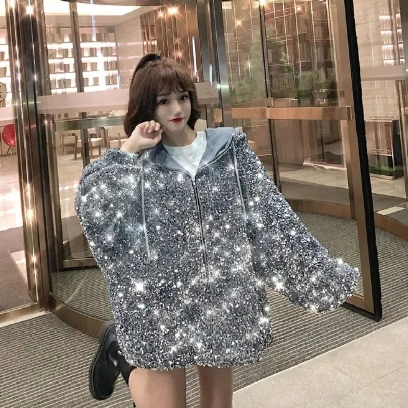 Women Fashion Sequins Bomber Jacket Coat Streetwear Tide Casual Shiny Hooded Loose Hoodies Tops Female Zipper Jackets Outerwear