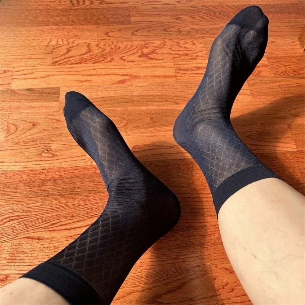 Suit Socks Mid-calf Dress Socks Grid Mesh Thin Business Socks Strip Men's Socks Formal