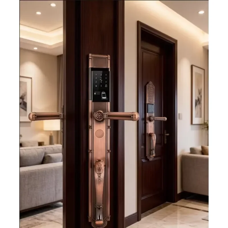 Vintage Red Zinc Alloy Villa Door Lock For Aluminum Frame Smart Auto Sliding Cover With Built In Doorbell Antique Style