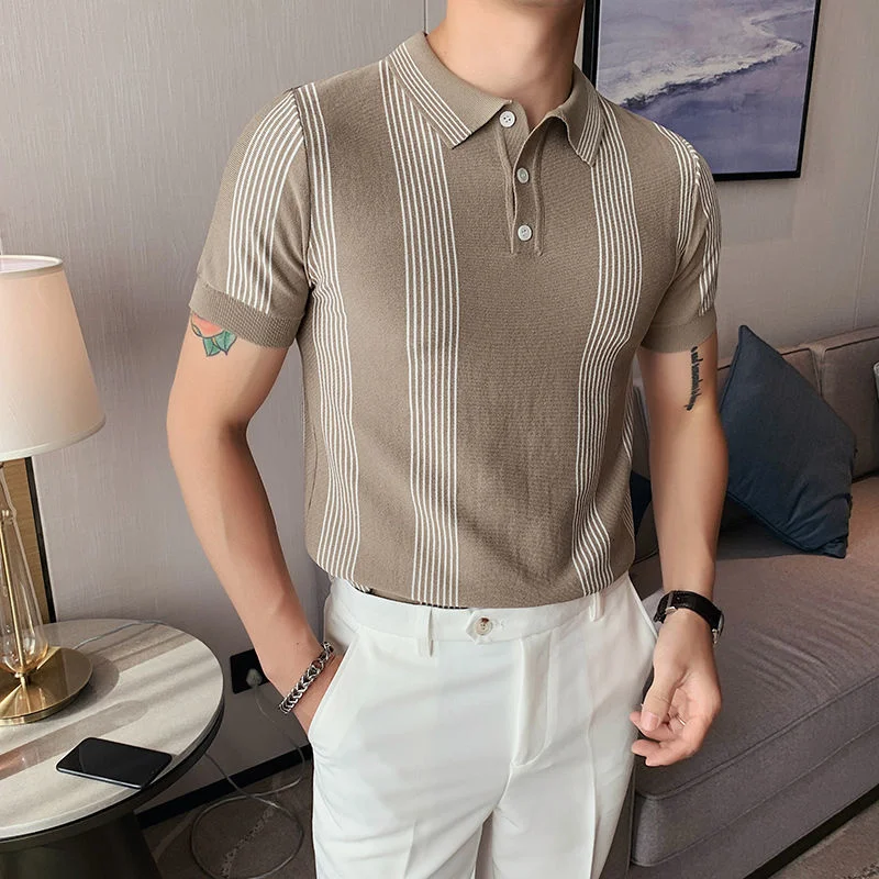 Men Knitted Polo Shirt High Quality Summer 2022 Stripe Hit Color Short Sleeve Polo Shirt Men Slim Breathable Polo Para Hombre