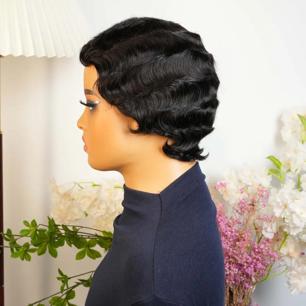 Kurze lockige Pixie-Schnitt-Perücke, kurzer Bob, Echthaar für schwarze Frauen, Fingerwelle, geschichteter Bob, maschinell hergestellte Perücke für Frauen