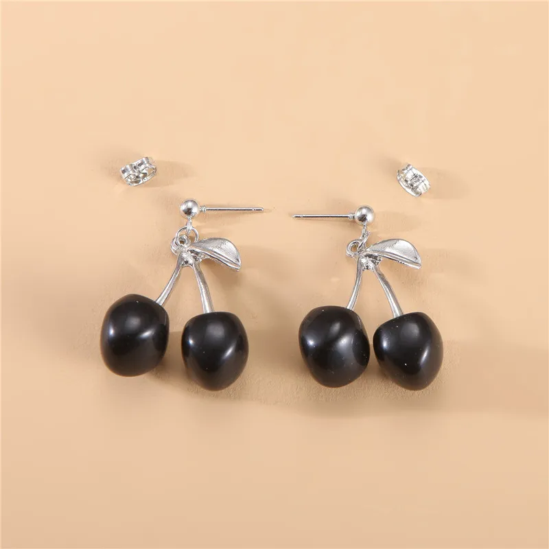 New Sweet Summer Red Transparent Cherry Fruit Fashion Long Ear Nail Earrings Fashion Black Anime Earring For Women Party Jewelry