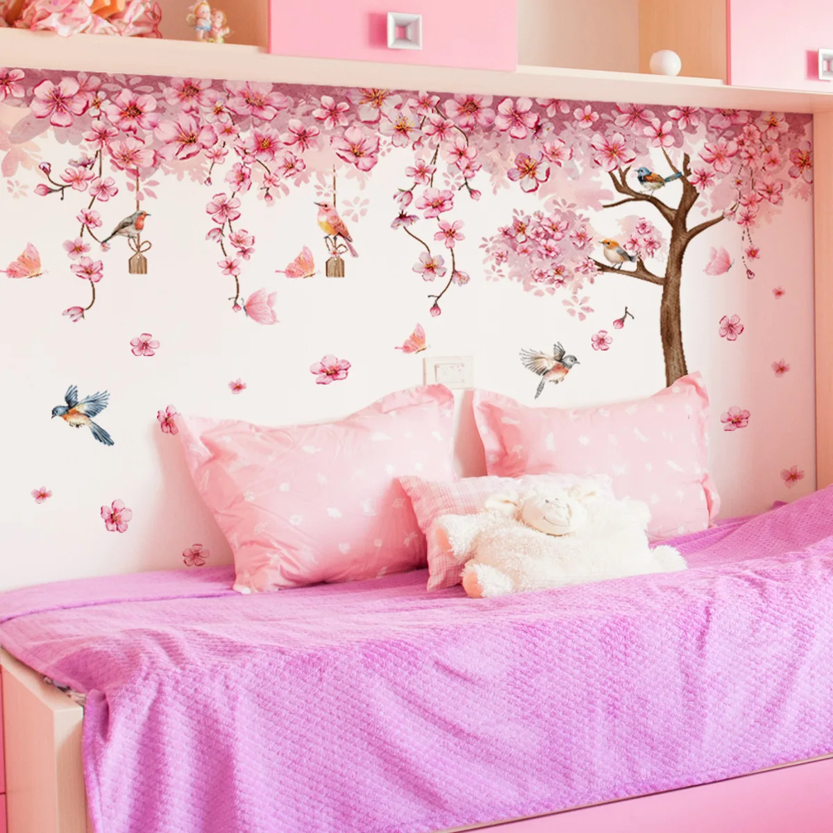

Pink Floral Butterfly & Bird Wall Decals - Whimsical Botanical Stickers for Bedroom & Bathroom Decor