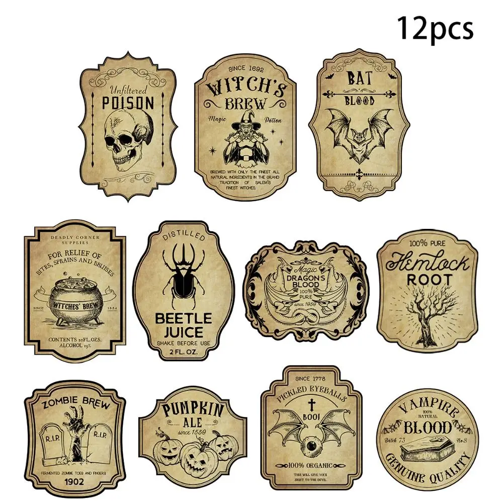 12PCS Vintage Gothic Wine Bottle Labels Sticker Spider Pumpkin Witch Graffiti Potion Decals Bat Horror Stcikers