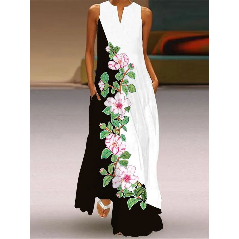 High-end new summer WOMEN'S clothes sleepveless maxi dress V-neck printed turquoise flower dress WOMEN'S clothing