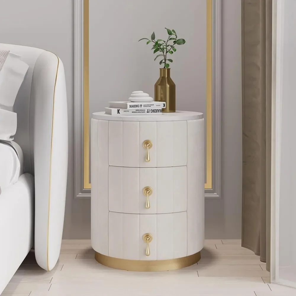 White Velvet Nightstand with Storage, Round Bedside Table with Drawers, Stone Top Night Table for Bedroom, End Tables