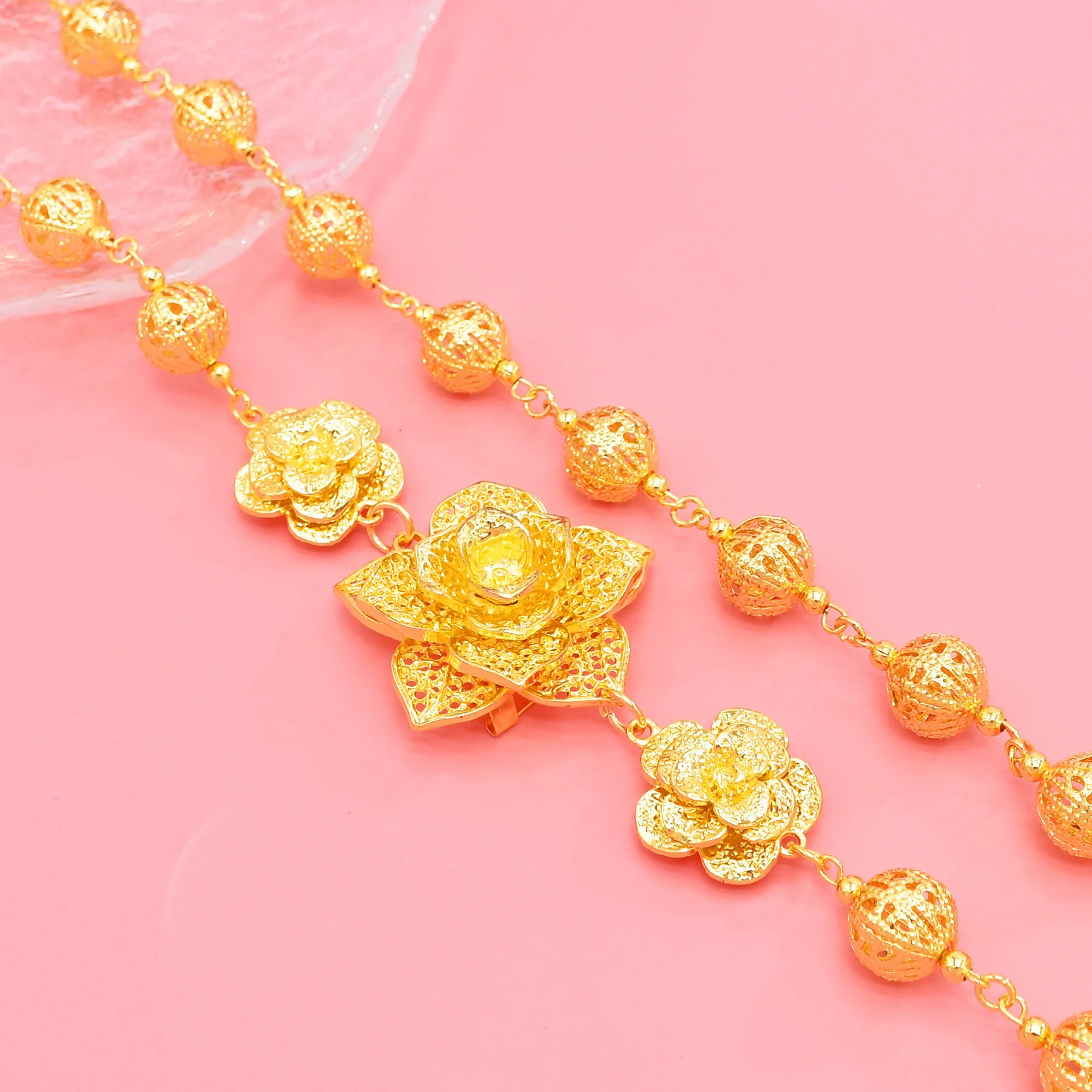 120Cm Golden Silvery Hollow Ball Beaded Flower Shoulder Chain Body Jewelry Indian Dubai Arabic Ethnic Bride Wedding Accessories