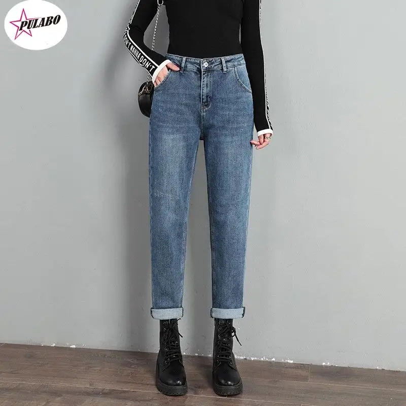 PULABO-Jeans Feminino de Cintura Alta, Calça Harém, Vintage, Jeans Cowboy, Comprimento Total, Jeans Mãe, Namorados, 8XL