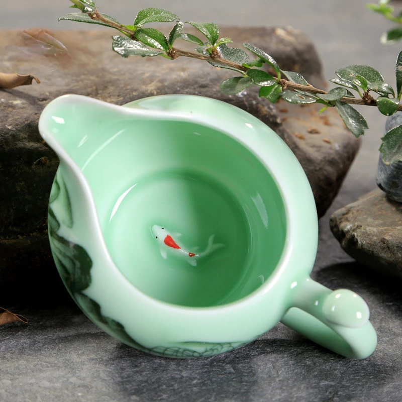 Traditional Longquan Chinese Kung Fu Teaware Set Handmade Celadon Teapot with Landscape Lotus Design Tea Cups Gift Set 9Pcs per