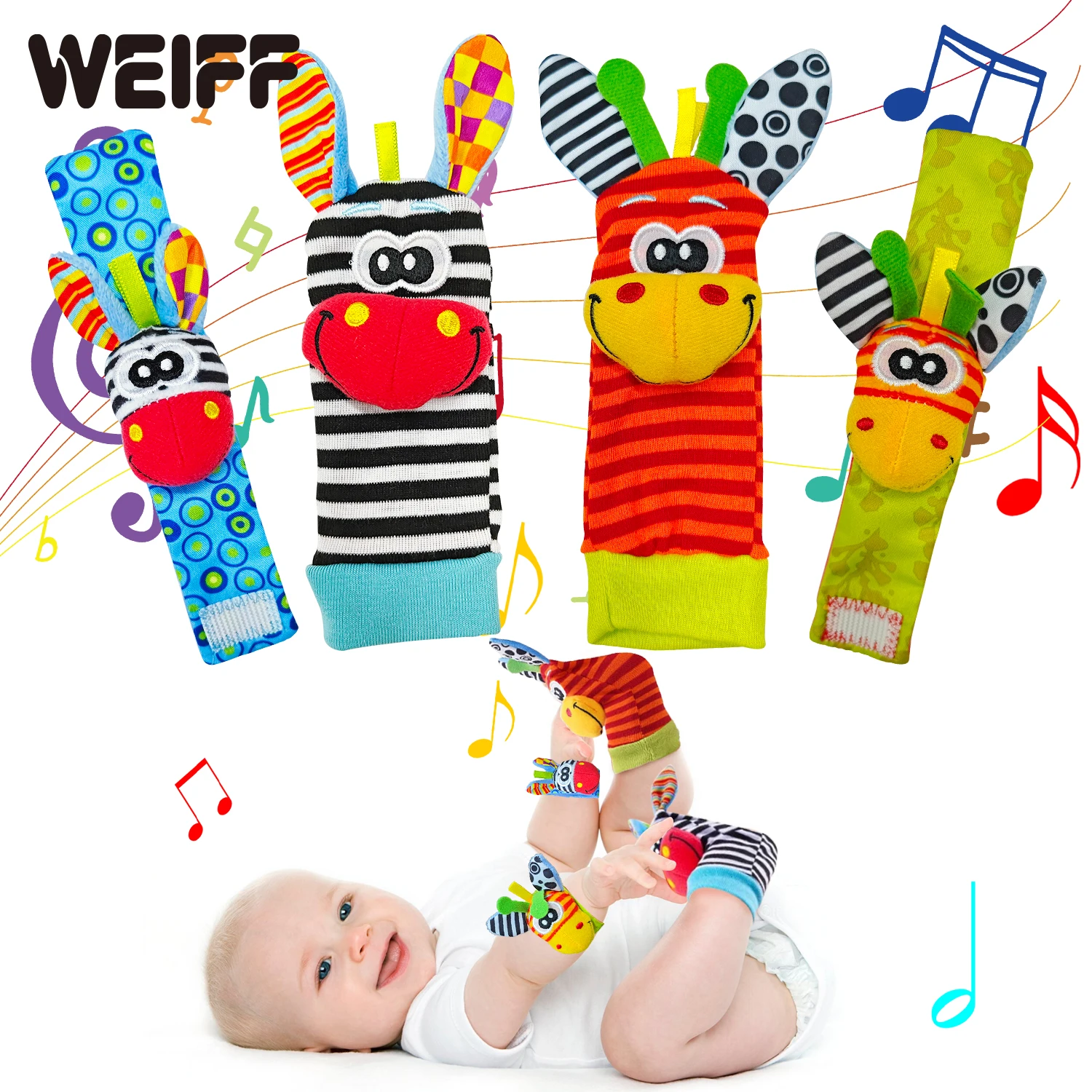 4PCS Baby Rattles Toys 0-12 Months Baby Toys Animal Socks Wrist Strap Sock Set Rattle Baby Foot Socks Sensory Toys for Babies