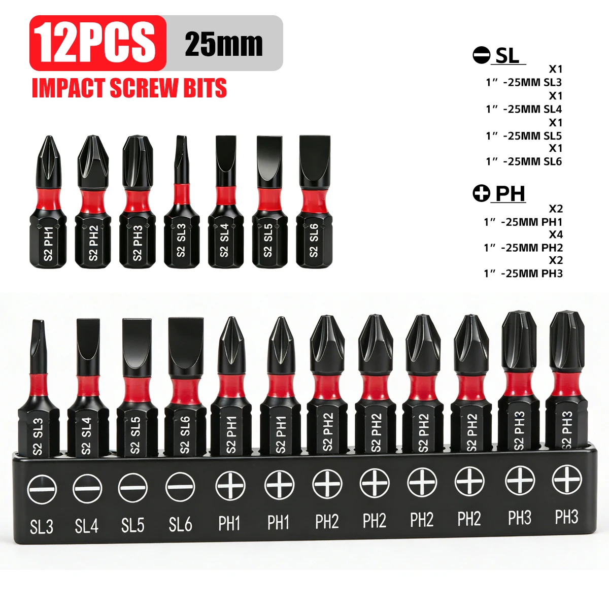 Conjunto de 12 Pontas de Chave de Fenda Phillips e de Ponta Chata de Grau Industrial, Alta Durabilidade, Aço Premium S2, 25mm de Comprimento Total, Magnéticas, Alta Dureza, Alta Aderência, Acessórios Especializados para Reparo de Furadeiras Elétricas