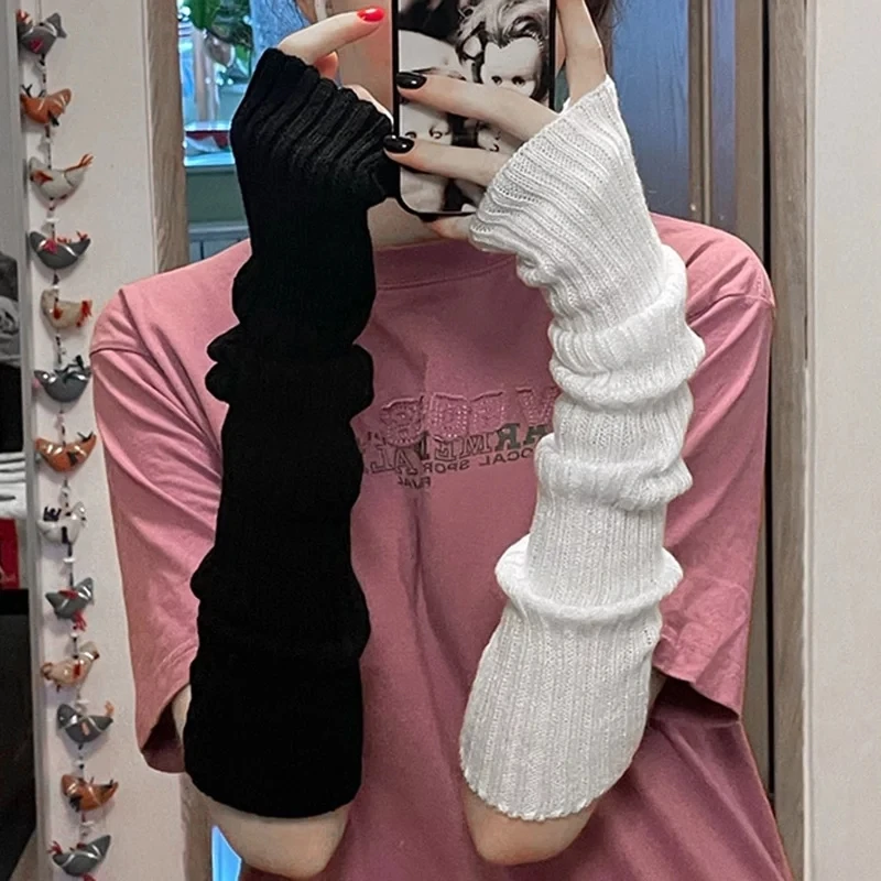 Y2K Women Long Fingerless Gloves Female Glove Lolita Kawaii Mitten Winter Warmer Knitted Arm Sleeves Girls Punk Gothic Gloves