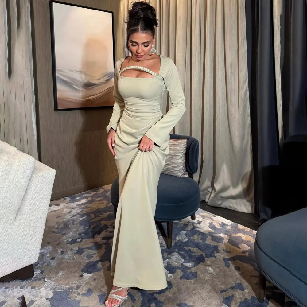 

Ruched Women Prom Dress Customized Beading Party Gown Charming Mermaid Long Sleeve Party Dress Square Neck Evening Gownفساتين س