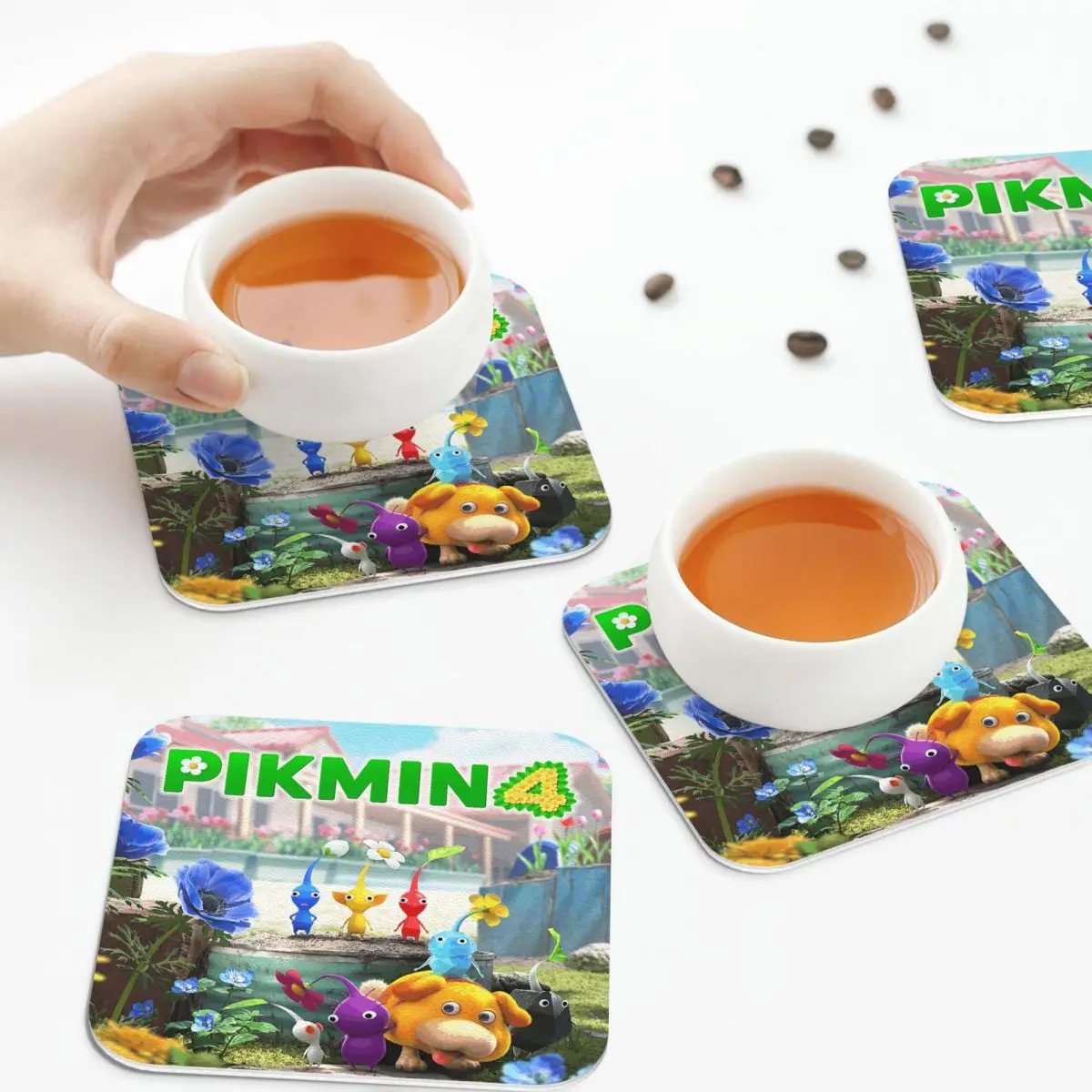 

Подставки Pikmin, кухонные салфетки, водонепроницаемые изоляционные коврики для чашек, кофейных ковриков для декора, домашняя посуда, набор подушечек из 4 шт.