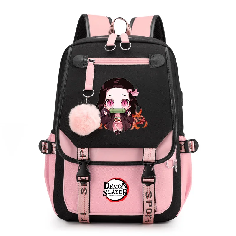 Niedlichen Kamado Nezuko Muster Rucksack Teenager lässig Straße USB Rucksack große Kapazität Anime Rucksack Schule Schult aschen