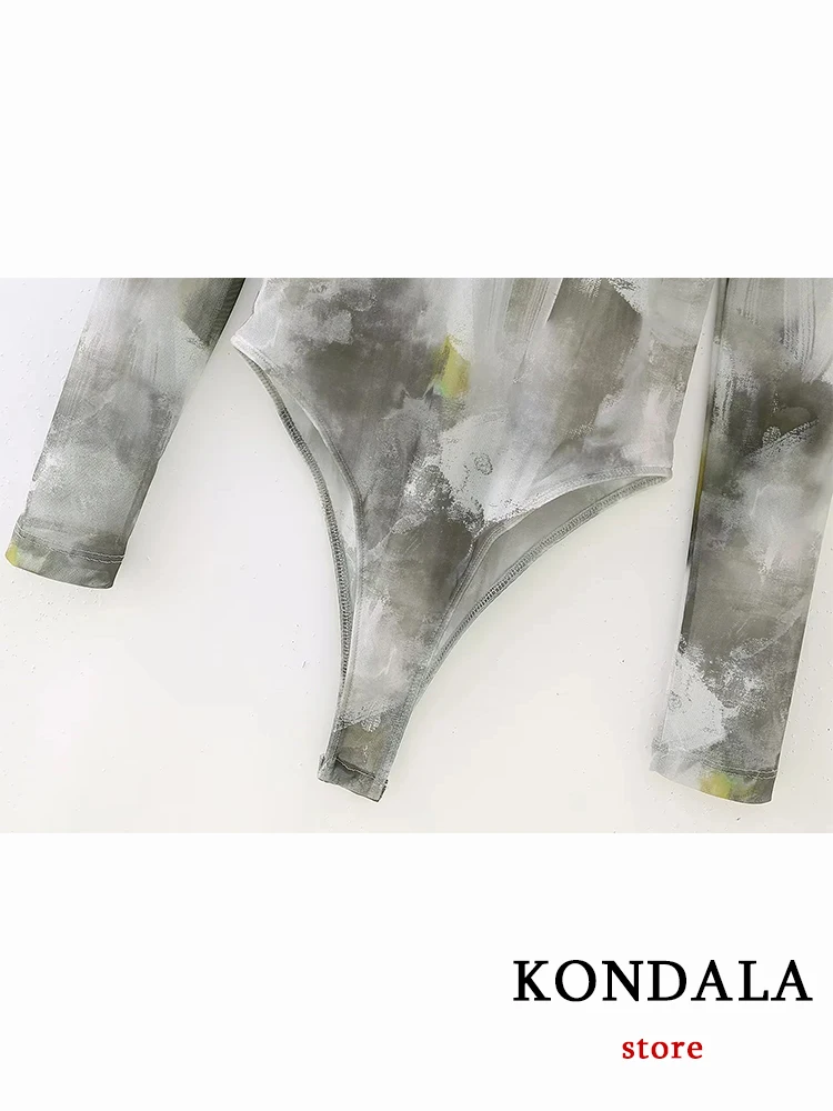 KONDALA Vintage Print Tie Dye Women Jumpsuit Fashion 2023 Autumn Long Sleeve Sheath Long Sleeve Women Top Holiday Soft Bodysuit