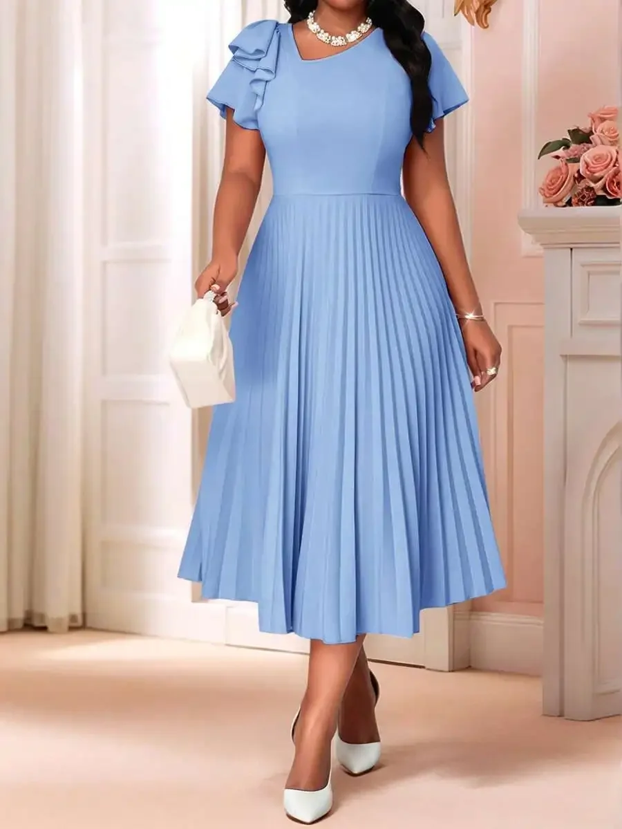 

Elegant Blue Pleated Midi Dress With Ruffle Sleeve Casual Summer Women Dress