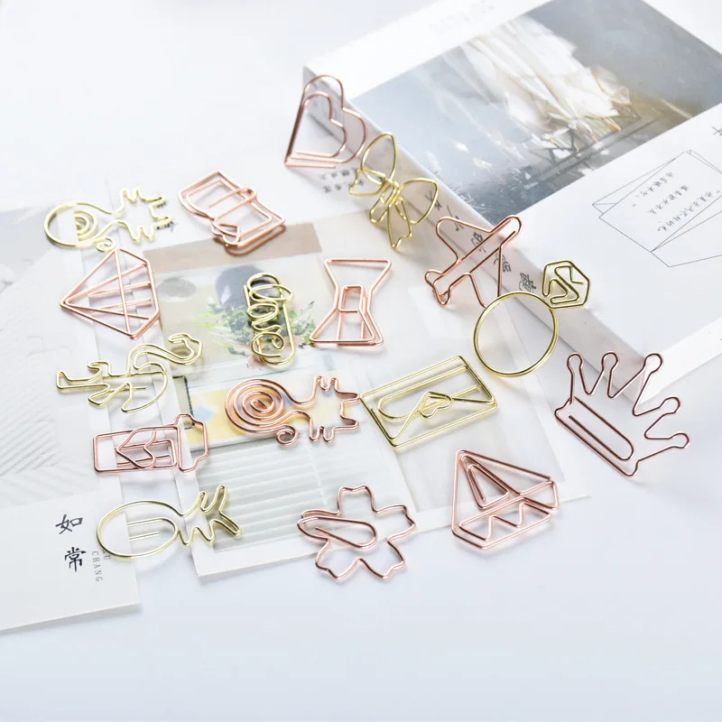 10Pcs/Lot Creative Paperclip Rose Gold Metal Paper Clip Decorative Bookmark Binder Shaped Clips Cute Stationery Office Supplies