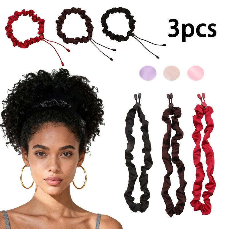 Lot de 3 élastiques à cheveux réglables extra longs, chouchous en satin soyeux antidérapants, attaches en caoutchouc