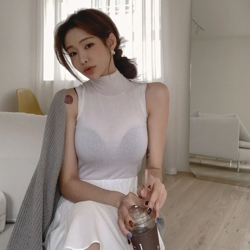 2026 Summer Solid Color Tank Top Women SlimTurtleneck See-through Camisole Korean Sexy Versatile Casual Crop Top Y2K Clothes