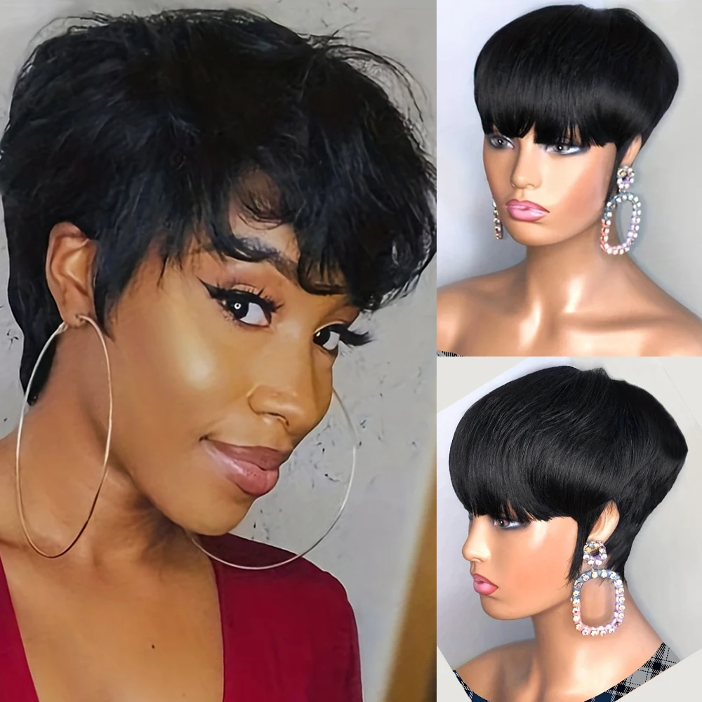 Black Pixie Cut Bob 100% Human Hair Wigs Full Machine Made Wig With Bangs Straight Remy Hair Short Bob Wig For Women