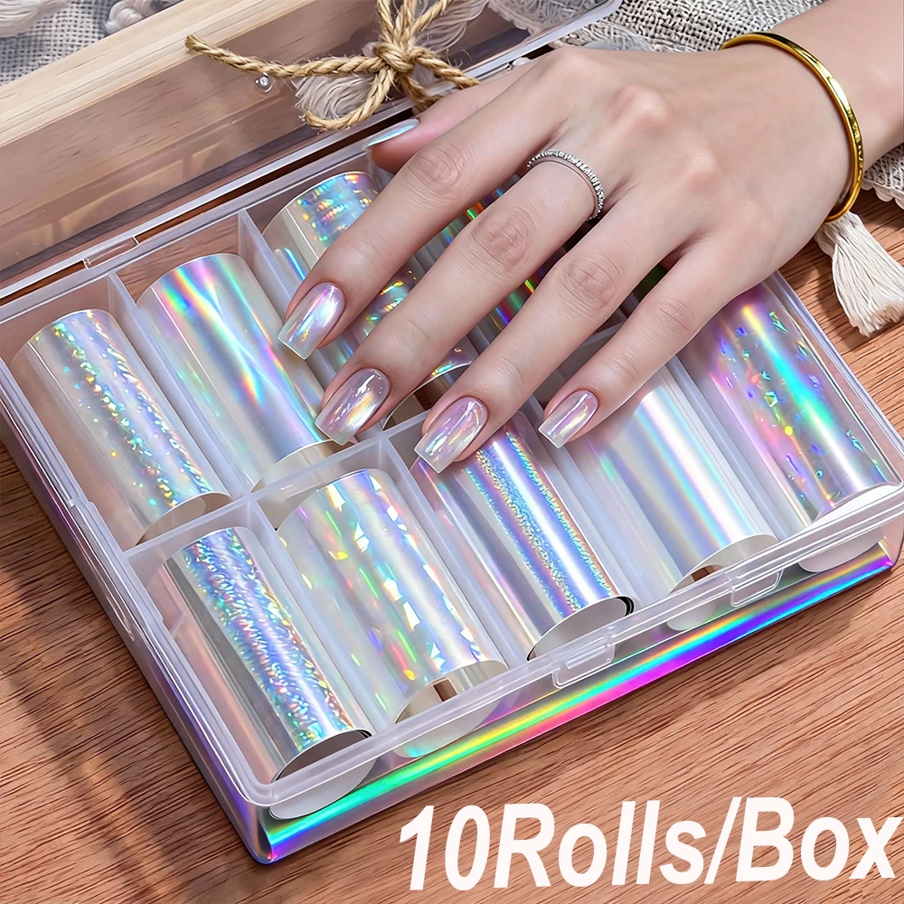 1Boxes/10rolls Aurora Nail Foil Clear Laser Glass Fragment Nail Transfer Stickers Star/Heart/Circle Design Starry Sky Nail Decor