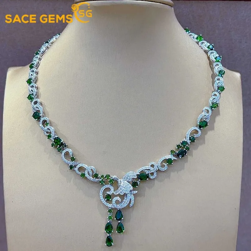 SACE GEMS New 925 Sterling Silver Raw 5*7MM Natual Diopside Pendant Necklace for Women Engagement Cocktail Party Fine Jewelr