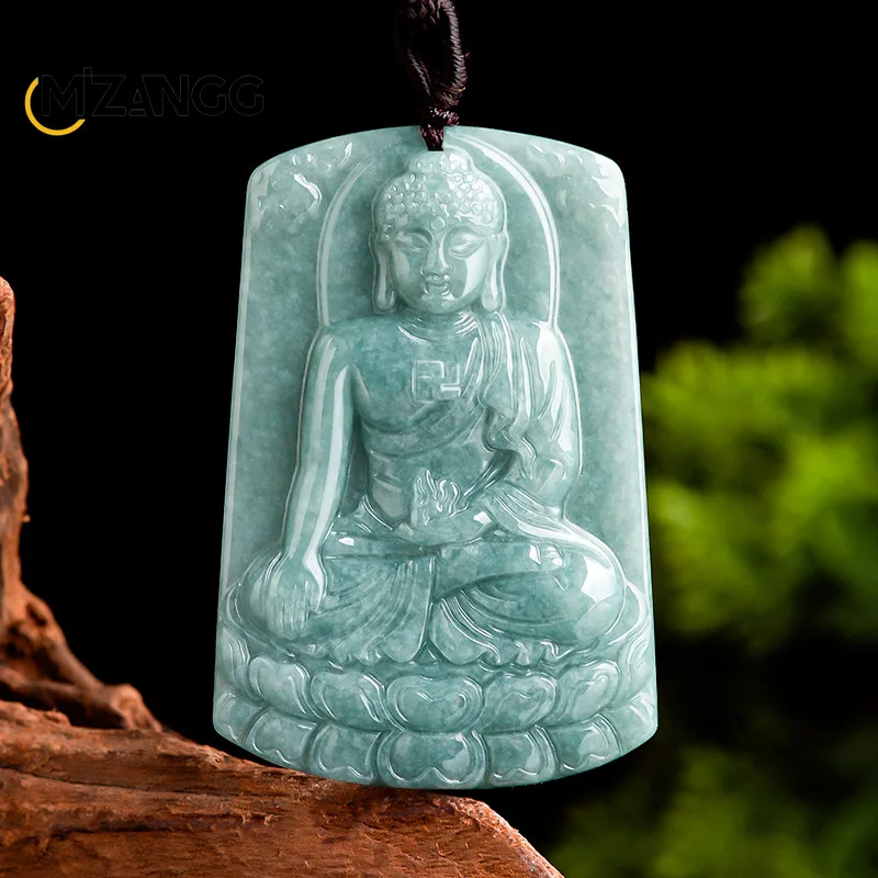 

Natural A-goods Jadeite Blue Water Amitabha Pendant Hand-carved Exquisite Fashion Ice Jade Necklace Men and Women Holiday Gift