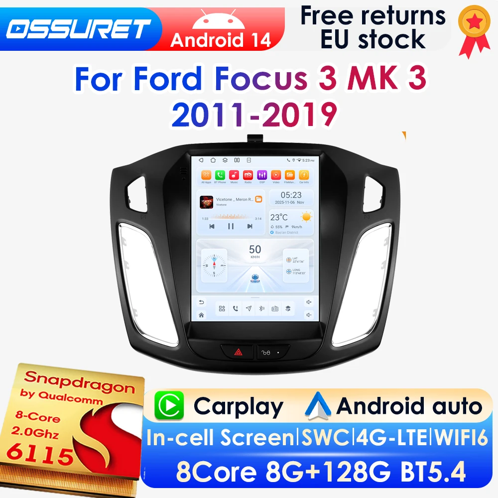 2 DIN 9,7 Zoll Vertikalbildschirm Android 14 Autoradio für Ford Focus 3 MK 3 2011 - 2019 Auto-Multimedia-GPS-Player Wireless Carplay Android Auto 4G DSP BT Mirror Link SWC 360-Grad-Kamera 2Din