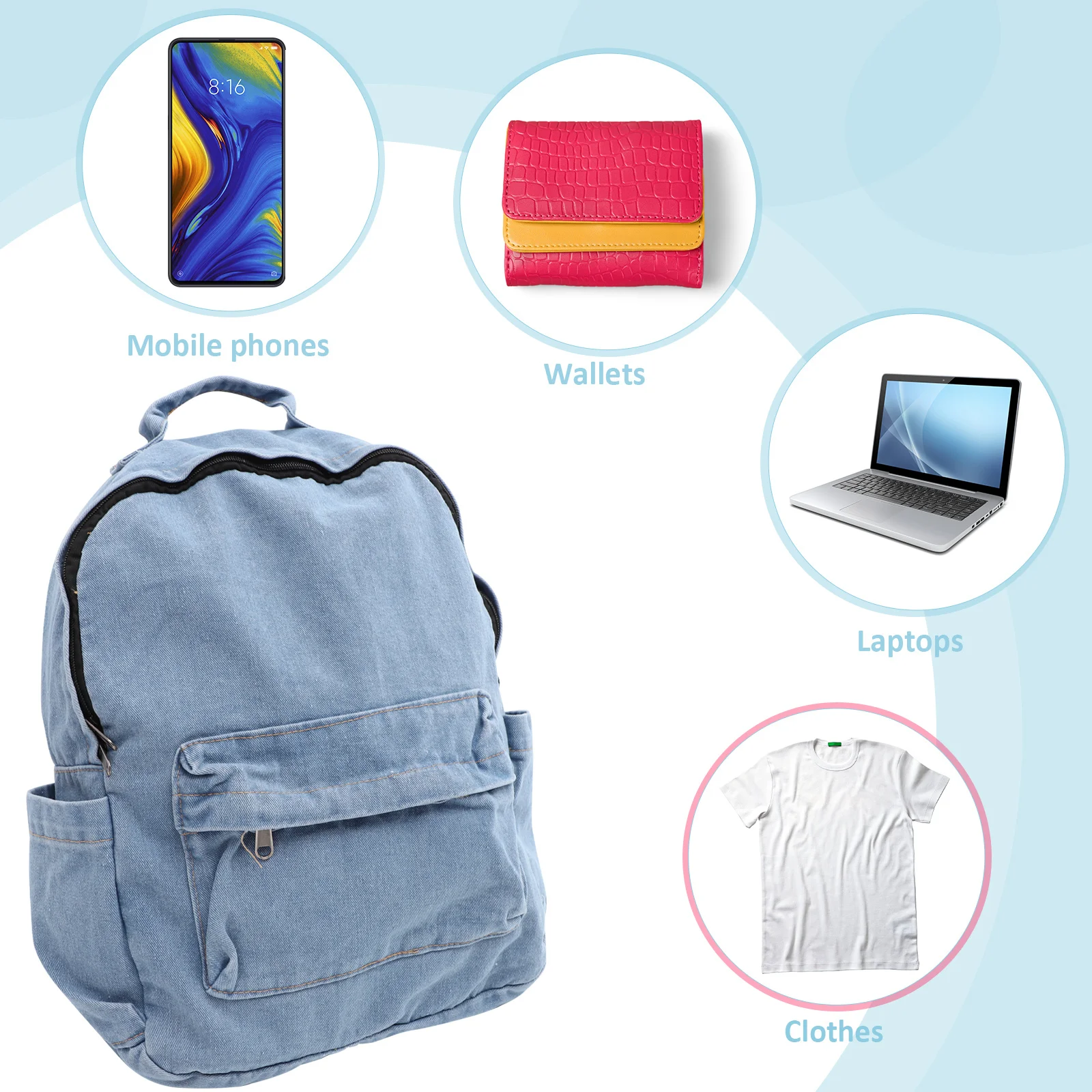 Light Blue Denim Backpack Multifunctional Casual Retro Large Capacity Rucksack School Bag Daypack Satchel for Students Girls