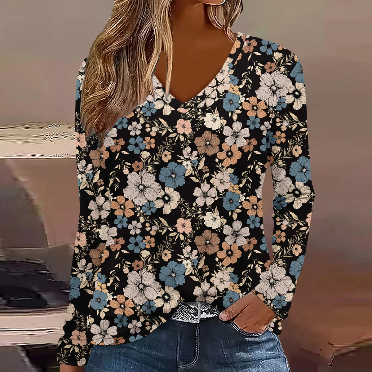 Fashion geometry Flower pattern 3D Print Women V-Neck Long Sleeve T-Shirt Casual Breathable Women's Clothing Apparel Tops Tees