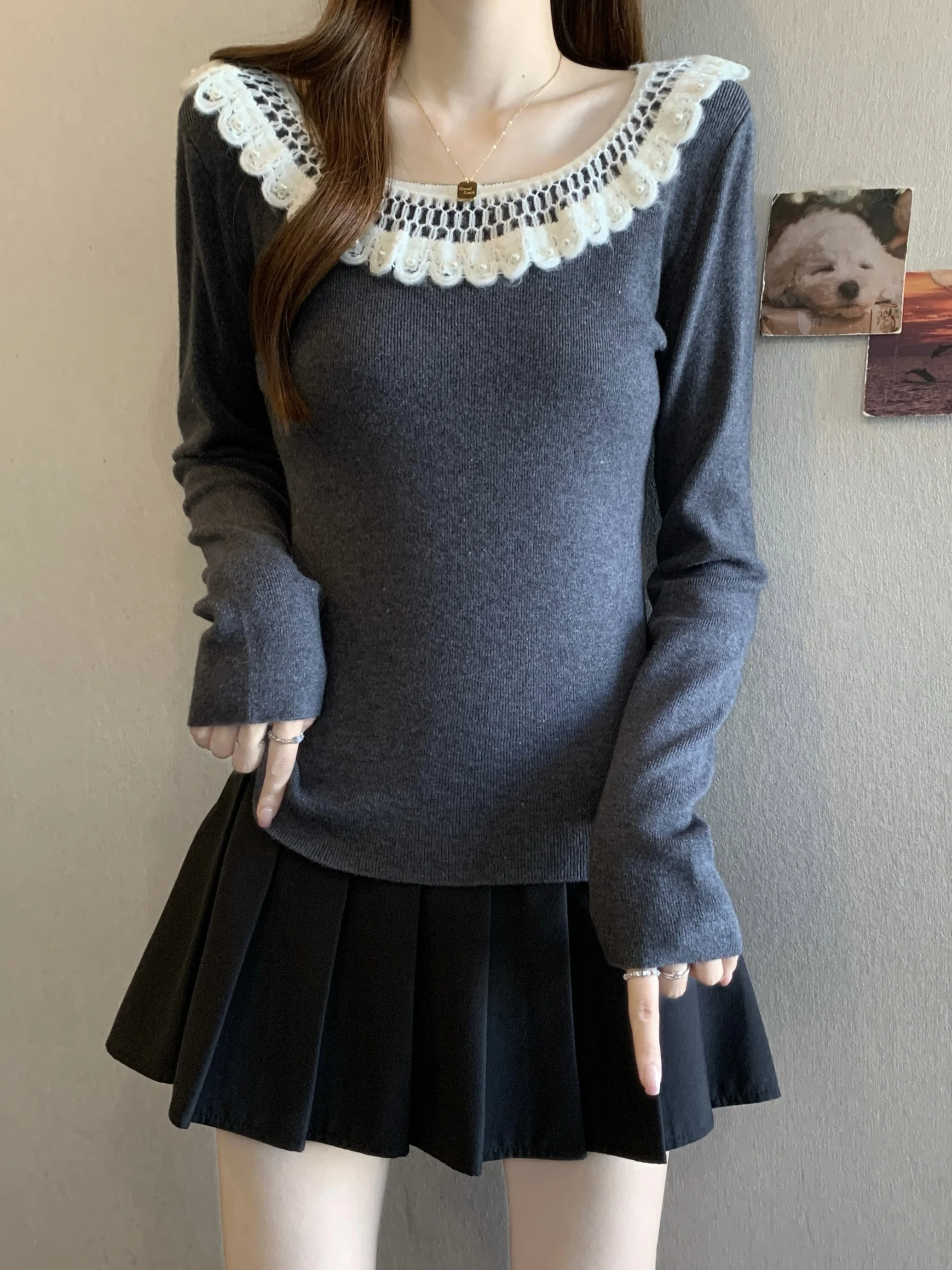 

Вязаный крючком свитер с кружевным воротником и длинными рукавами для женщин, повседневный, мягкий, из полиэфирного волокна, базовый топ для осени и зимы