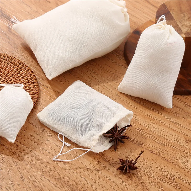 50pcs/lot 6x8, 8x10, 10x15, 13x16, 18x20cm Cotton Gauze Bags Spice Strainer Mesh Filter Herbal Cooking Tools Soup Tea Bag