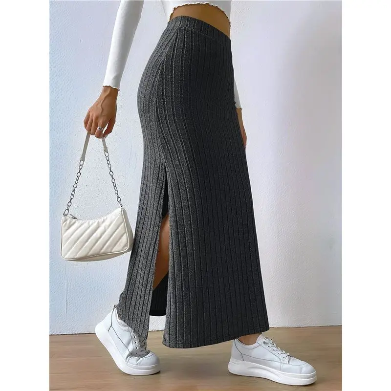 PORK-أنثى الصلبة عالية الخصر انقسام الجانب تنورة عارضة محبوك ماكسي التنانير مريح Bodycon اللباس