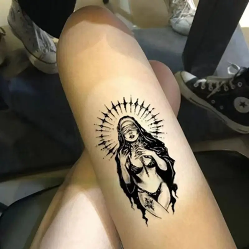 

Временные татуировки с темным травяным соком, монахиня с завязанными глазами, водонепроницаемая, прочная, поддельная татуировка, наклейка для взрослых, срок за 15 дней