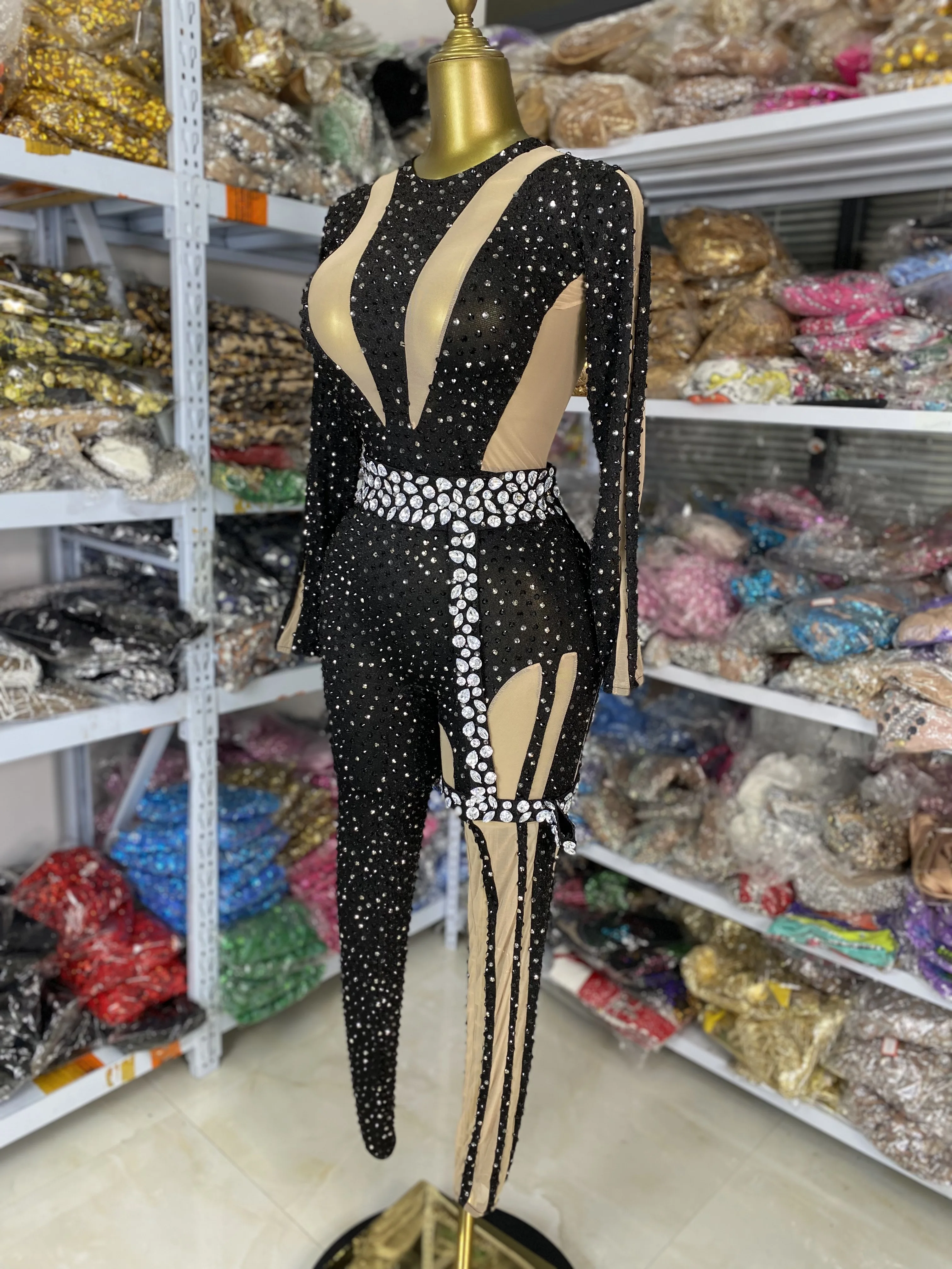 卸売 女性用 デザイン キラキラ ラインストーン メッシュ ボディコン ジャンプスーツ 歌手 ダンサー パフォーマンスコスチューム イブニングクラブ パーティードレス