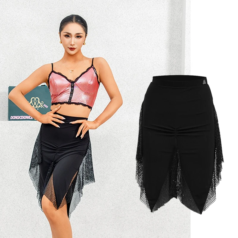 

2026 New Latin Dance Skirts For Women Sexy Diamond Embellished Mesh High Waist Irregular Skirts Chacha Rumba Latin Wear DQS20597
