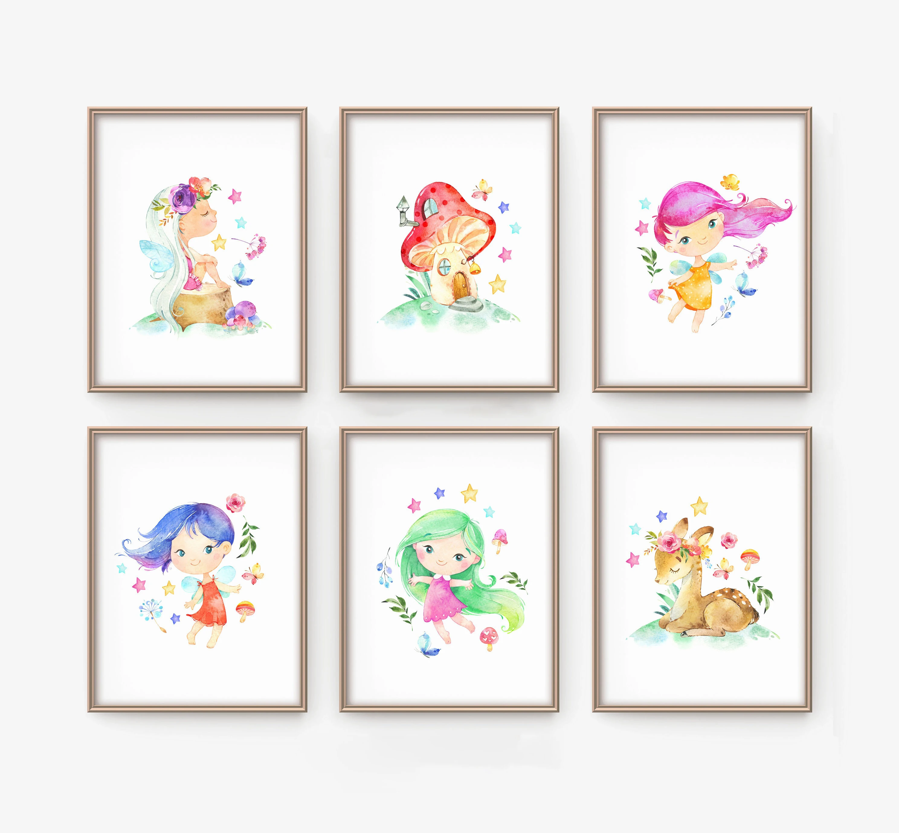 

Abstract Color Mushroom & Magic Fairy Canvas Prints Cute Sika Deer Animal Wall Art Poster for Bedroom Nursery & Girl Room Decor