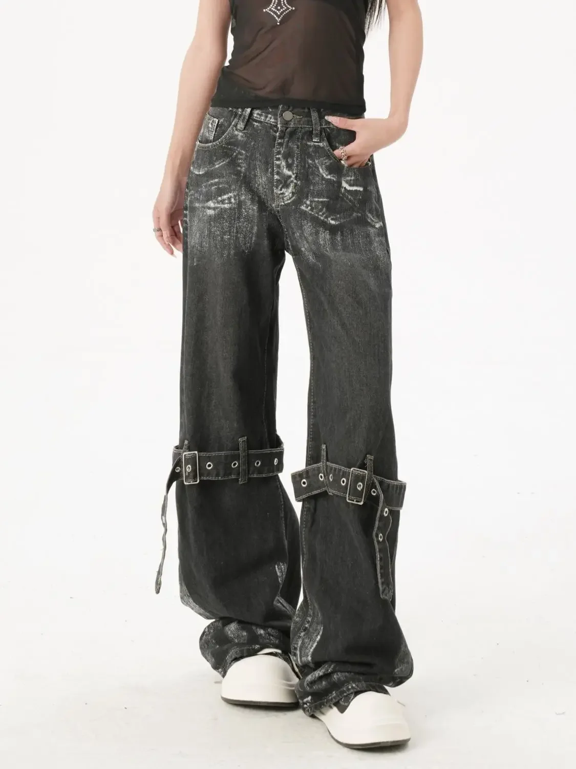 

Women Vintage Black High Waist Cargo Jeans Hip Hop Straight Y2k Pants Female Streetwear Harajuku Wide Leg Denim Trousers