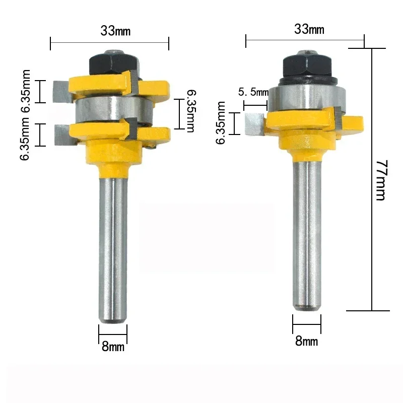 2pcs 8mm Shank Joint Assemble Router Bits Tongue & Groove T-Slot Milling Cutter for Wood Woodwork Cutting Tools MC02121