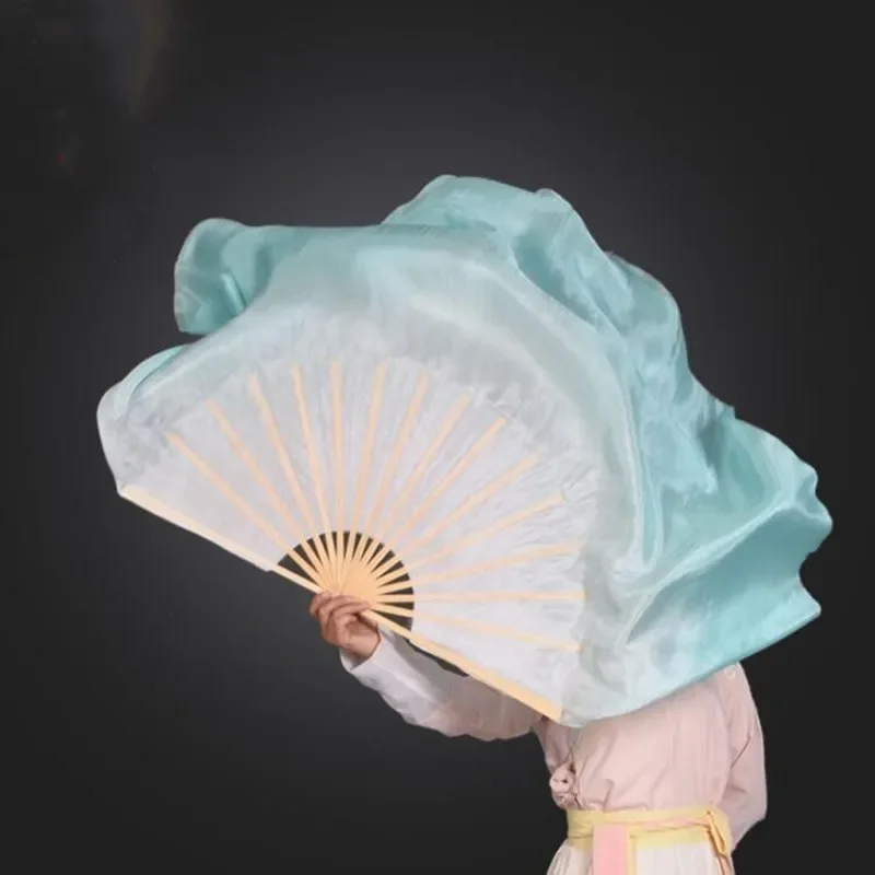 حجاب جانبي مزدوج متدرج على شكل طاووس أبيض من الحرير الحقيقي للنساء أزواج حجاب مروحة الرقص (1L + 1R) نصف دائرة طبقتين 100% حرير متدفق