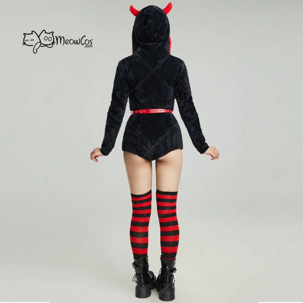 MEOWCOS Women Gothic Halloween Style Bodycon Romper Plush Homewear Black Red Cross Hooded Bodysuit with Belt and Choker