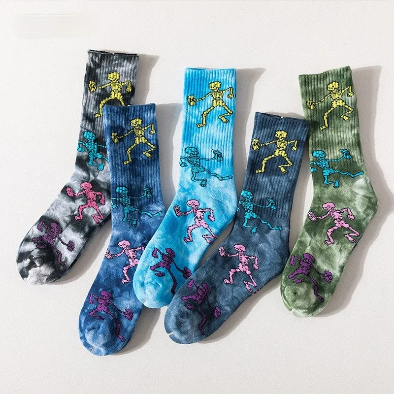 

Trendy Tie-dye Stockings Skull Skateboard Socks Terry High Tube Stockings Solid Color Cotton Socks Harajuku Accessories