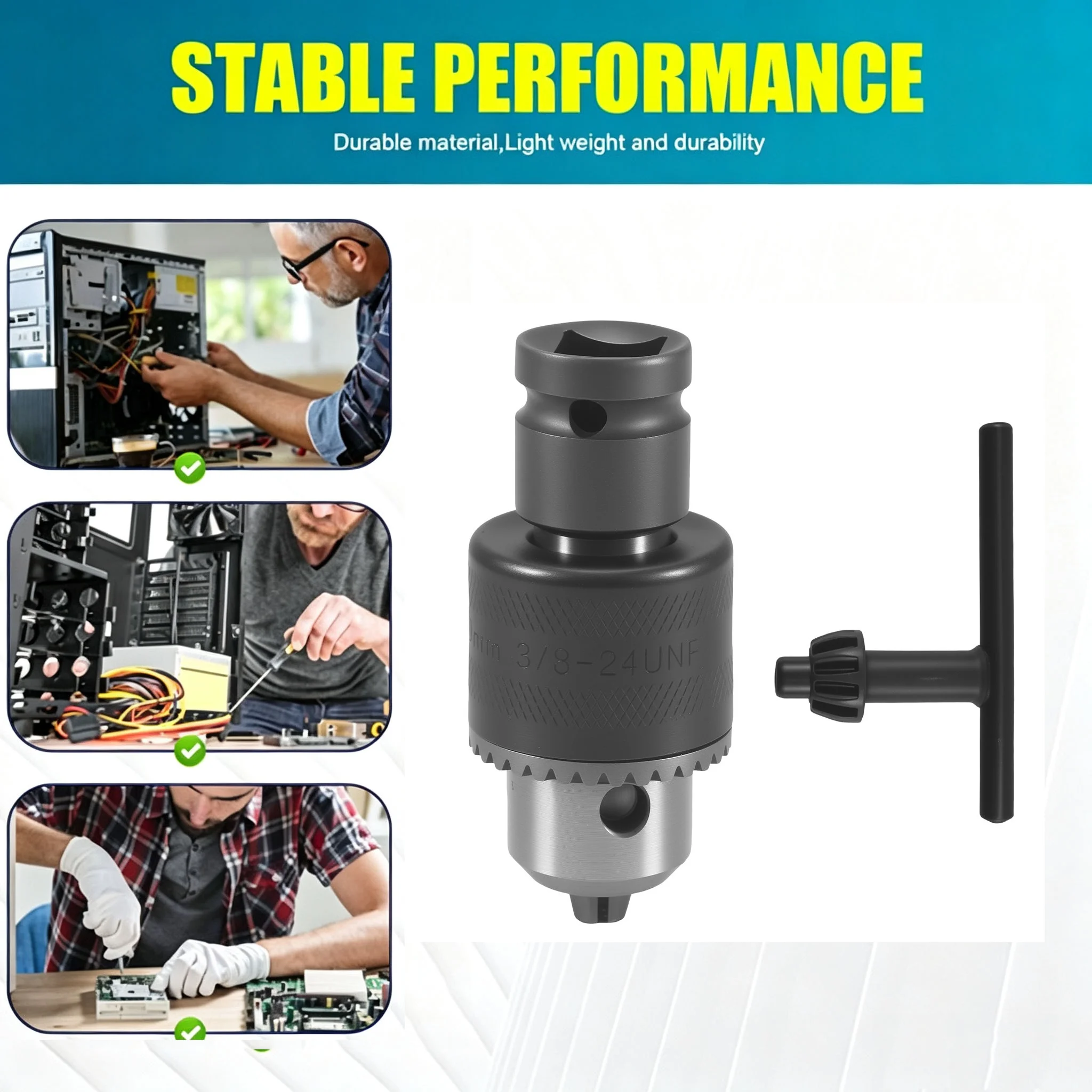 【B63C1】 1.5-10mm 1/16 Inch - 3/8 Inch Capacity Key Drill Chuck Wrench Converter 1/2 Inch Socket Square Female Adapter