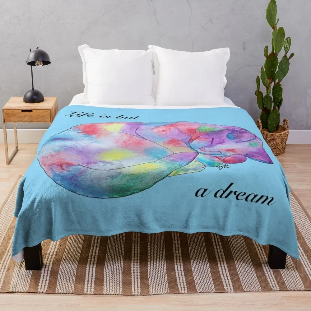 

Life is but a Dream - Watercolor Dreaming Cat Throw Blanket Blankets For Baby Loose Decorative Throw Warm Blankets