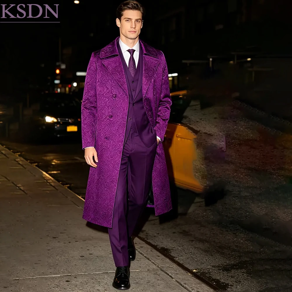 Gorgeous Men's Jackquard Suits Fashion Event Trench Coat With Jacket Pants Vest Casual Wedding Guest Male Clothing Terno Blazer